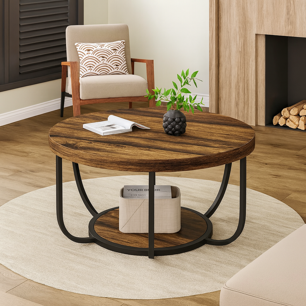 Round Two-Tier Coffee Table with Industrial Design